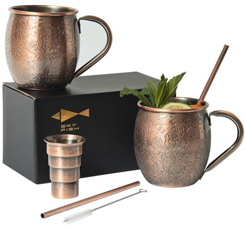 SKY FISH Tazas de Moscow Mule, Juego de 2 Copas de Cóctel en Relieve 3D, Copas de Vino de Acero Inoxidable de 500 ml, Lavar a Mano Solamente, Acabado de Cobre Vintage.