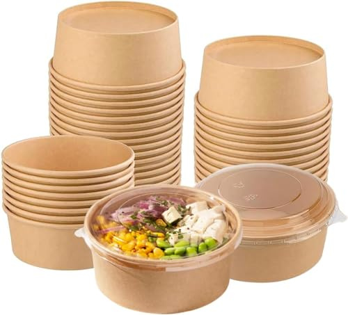 33oz (300 Pcs) Disposable Bowls with Lid | Meal Prep Kraft Paper Bowls | 1000 ml - to Go Salad Food Containers with Lids - Microwave and Freezer Safe - Serving Party Bowls for Hot/Cold Food