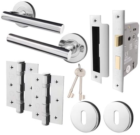 EAI Polished Chrome Door Handles with Sash Lock 80mm, Hinges - Oliena | Complete Key Lock Kit with 1 Pair of T-Bar Door Handles, 80mm Sashlock, 76mm Hinges and 2 Escutcheons, Fixings Included