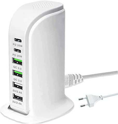 Caricatore USB multiplo, Caricatore USB C Veloce da 65W con PD 20W e QC3.0, Stazione di Ricarica USB Multiporta, Stazione di Ricarica a 6 Porte Compatibile con iPhone/Samsung/Xiaomi (bianco)