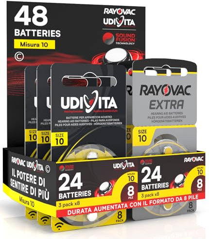 48 Batterie Misura 10 per Apparecchi Acustici Auricolari PR70 (Gialle - Zinco Aria) con Sound Fusion Technology per Amplificatore Acustico - 48 Pile: 24 Udivita + 24 Rayovac