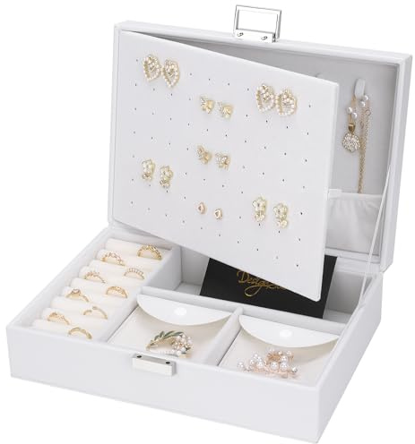 DesignSter Schmuckkästchen, Große PU Schmuckaufbewahrung für Damen Mädchen, Schmuckschatulle mit 8 kleinen Schmucktaschen, Groß Schmuckbox für Ringe, Ohrringe, Halskette, Weiß