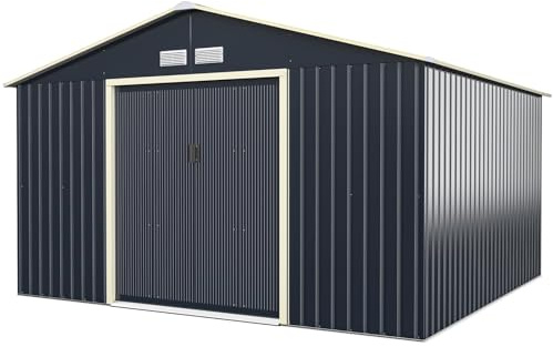 RELAX4LIFE Casetta da Giardino 340 x 319 x 210 cm (10,19 m²), Acciaio Zincato, 4 Prese d'Aria, Porta 117x162 cm, Tetto Inclinato, Porte Scorrevoli, Expandibile, Grigio