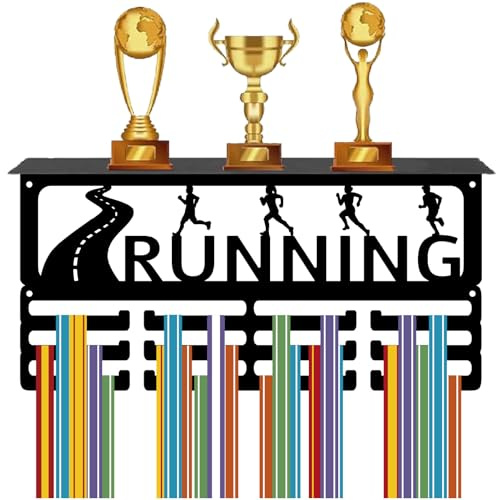 CREATCABIN Medaillenhalter Läufer Trophäendisplay Mit 12 Haken Sport Marathon Metall Medaillenaufhänger Wandmontage Aufhängen 60+ Medaillen Ständer Mit Ablage Für Athleten Medaillengewinner 40x20x10cm