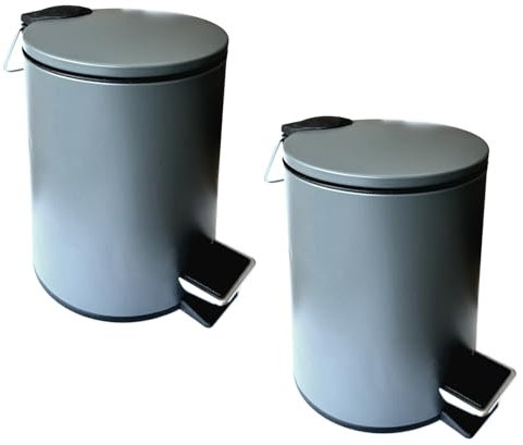 HAC24 Pattumiera a pedale in acciaio inox, 3 l, con chiusura morbida, colore grigio, rotonda, con secchio interno, cestino per la spazzatura, per cosmetici, 2 pezzi