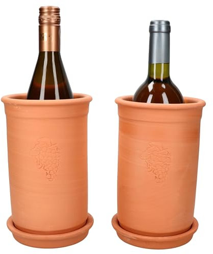 MamboCat | Lot de 2 refroidisseurs à vin + soucoupes | Ø 12,5 cm | Hauteur 20,5 cm | Refroidisseur de bouteilles pour eau, vin et champagne | Terre cuite | Refroidit pendant des heures