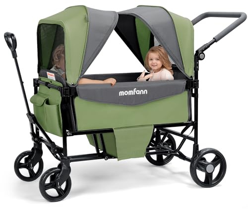 Stroller Wagon for 2 Kids with Canopy, Foldable All-Terrain Wagon Stroller with Adjustable Push/Pull Handle, Parent Organizer, 5-Point Harness, Ideal for Travel & Outdoor Adventures, Meadow Green