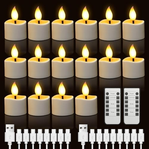SonPen 16 velas de té recargables, velas LED con mando a distancia y temporizador, sin llama, velas eléctricas parpadeantes con cable USB-C, para fiestas, salón, Halloween, Navidad