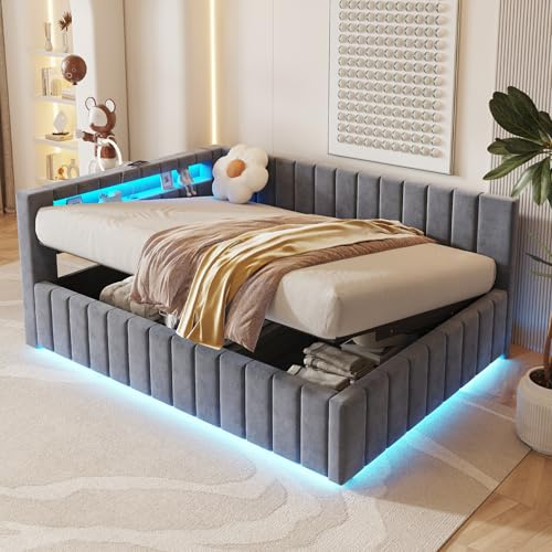 Zepneiy Gepolstertes Schlafsofa, 140 x 200 cm, mit hydraulischem Stauraum, mit LED-Licht und USB-Ladeanschluss, Velours, mit Rückenlehne und Kopfteil, dunkelgrau (Matratze nicht im Lieferumfang