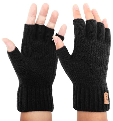 Omtofo Fingerlose Handschuhe Herren Damen, Alpakawolle Warm Winterhandschuhe, Unisex, Strickhandschuhe Handschuhe ohne Finger für Laufen, Radfahren, Fahren, Innen, Außen, Schwarz