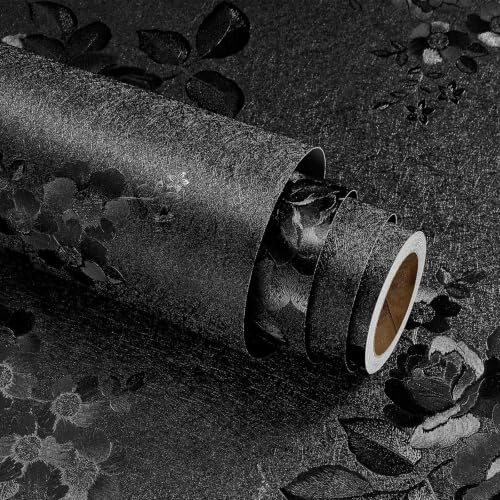 Stickyart Klebefolie Möbel Schwarz Möbelfolie Matt 30cmX400cm Selbstklebende Tapete Blumen Folie für Möbel Schwarze Tapete Wohnzimmer Schlafzimmer Vintage Arbeitsplattefolie Schrankfolie Wasserfeste