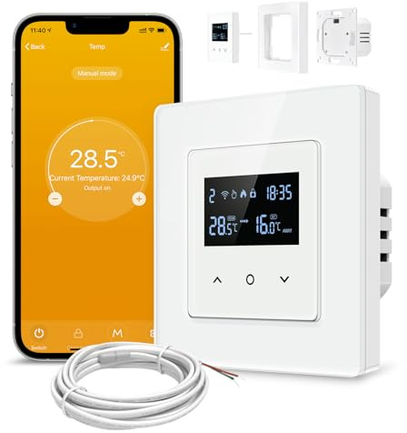 Samrt WiFi Themrmostat für Elektrische Fußbodenheizung, 55 x 55mm Standard, Glasfläche, Programmierbar Raumthermostat Unterstützen Alexa, Google Home Sprachsteuerung und Smart Life App Fernbedienung