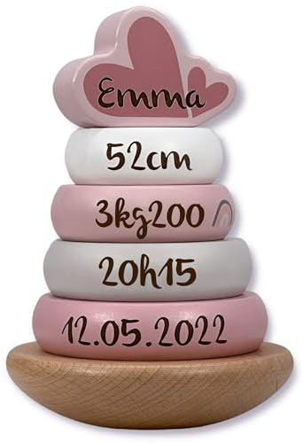 Mainely Personalizzabile Torre di impilamento in Legno Rosa – Motricità fine e coordinazione – per Bambini dai 12 Mesi – Personalizzata con Nome e Dati di Nascita – Label Label
