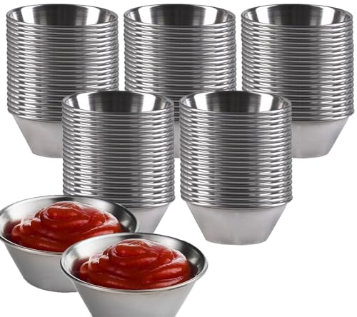 Kitchen kemistry – Lot de 100 petits ramequins à sauce en acier inoxydable | Format de portion idéal de 1,5 oz (42,7 g) pour les trempettes, le ketchup, les vinaigrettes et la restauration.