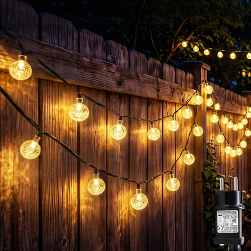 Hopelit Catena luminosa per esterni, sfere di cristallo, 10 m, 100 LED, per interni con spina, 8 modalità, per esterni, con timer, per stanza, giardino, balcone, decorazione natalizia, bianco caldo