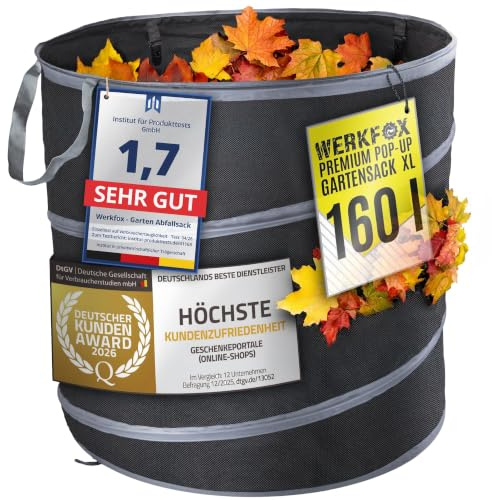 Werkfox® Gartenabfallsack Pop-Up 160L Laubsack stabil für Grünschnitt | Selbststehend ohne Umkippen, robuster Gartensack 62x69cm, ideal für Rasenschnitt & Gartenabfälle, wasserabweisender Stoff
