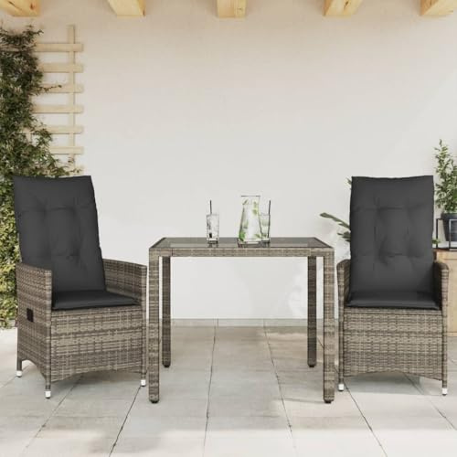 Bucmath 3-TLG. Bistro-Set mit Kissen Grau, Poly Rattan Gartenmöbel, Verstellbare Relaxsessel, Glastisch für Balkon, Terrasse, Outdoor