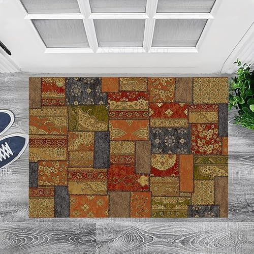Alfombra de retazos de 140 x 140 cm, antideslizante, lavable a máquina, pelo corto, alfombra vintage para sala de estar, entrada, oficina, escritorio, mesita de noche, dormitorio, flores tradicionales