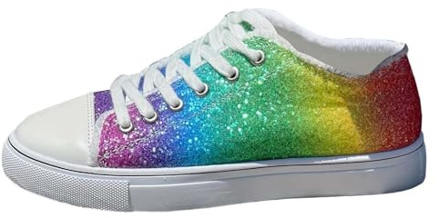 Womens Glitter Trainers Low Top Lace Up Rainbow Sequin Sneakers Sparkly Casual Canvas Shoes for Women Ladies Fancy Disco Jazz Carnival Dance Trainers Sparkly Shoes