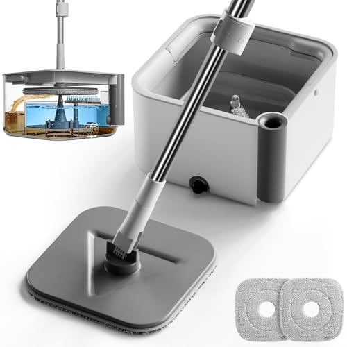 Masthome Kit Serpillière Rotative, Seau Eau Propre et Sale & 2 Recharges | Séparation eau propre/sale, peigne intégré anti-poils, manche inox 162cm, tête 360° et 2 recharges pour tous sols.