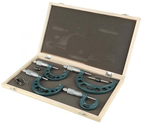 Jelquix Outside Micrometer Set Sturdy Cemented Carbide Measuring Calipers for Precise Measurement of Length, Diameter or Thickness with Box/Cover, 4pcs 0-100mm, for Workshop or Enthusiast