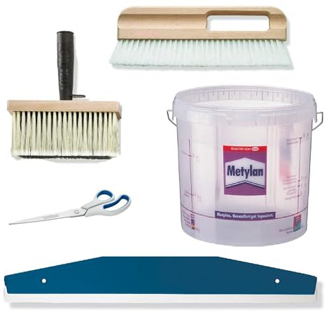 BODENMEISTER Tapezierset Vliestapete Tapezierwerkzeug Schneidehilfe, Tapzierschere, Tapezierwischer, Eimer, Quast, 5-teilig