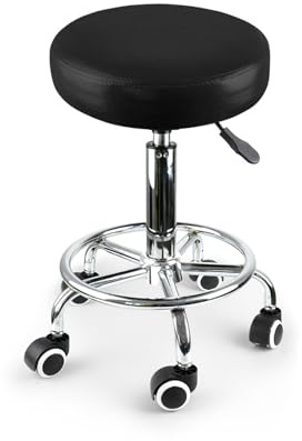 Round Rolling Salon Stool, Height Adjustable 50–65cm PU Leather Barber Stool with Backless Padded Seat, 360° Swivel Stool with Wheels for Office, Spa, Clinic, Home (Black)
