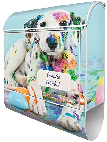 banjado® Design Briefkasten personalisiert mit Bunter Dalmatiner 38,5x46,5x13cm & 2 Schlüssel - Briefkasten Stahl weiß mit Zeitungsfach pulverbeschichtet - Postkasten A4 Einwurf inkl. Montagematerial