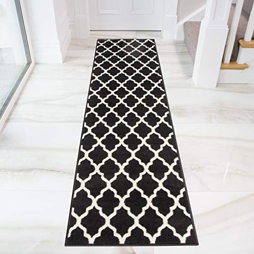 Black Cream Geometric Trellis Runner Taupe Light Brown Durable Stain Resistant Moroccan Hallway Landing Bedroom Kitchen Area Transistional Rug 60cm x 240cm