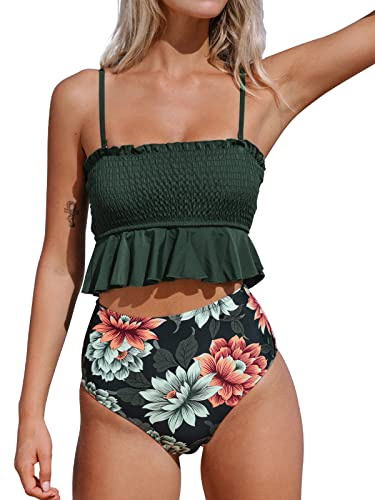 CUPSHE Bikini-set, bandeau, fina badkläder med volanger och hög midja, tvådelad baddräkt, Armégrön, S