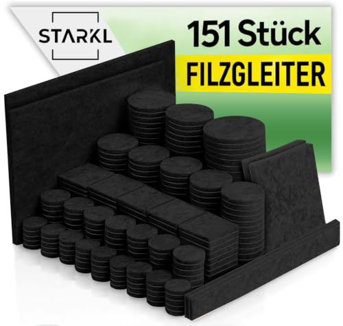 STARKL Filzgleiter selbstklebend, 151 Stück (4 mm), Hochwertiger Nadelfilz | Premium Nadelfilzgleiter für Stühle, Starke Selbstklebekraft, Filzgleiter für Möbelfüße, Geräuscharmer Bodenschutz