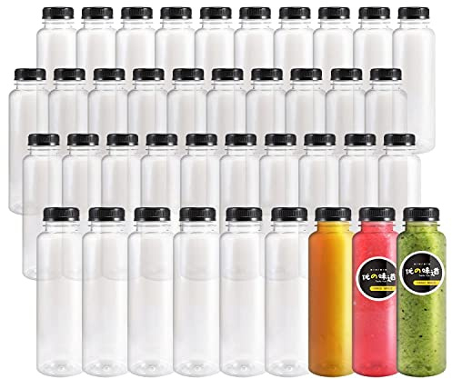 Kaderron 40pcs 12oz Plastic Juice Bottles with Caps, Empty PET Disposable Plastic Bottles, Clear Bulk Drink Containers with Black Tamper Evident Lids for Juicing, Drinking and Other Beverages
