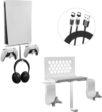 Hosanwell PS5 Wall Mount Bracket Shelf Set, Playstation 5 Wall Mount Made of Concrete Steel Metal with Detachable Controller Holder & Headphone Hanger, Not applicable to PS5 Slim and Pro, White