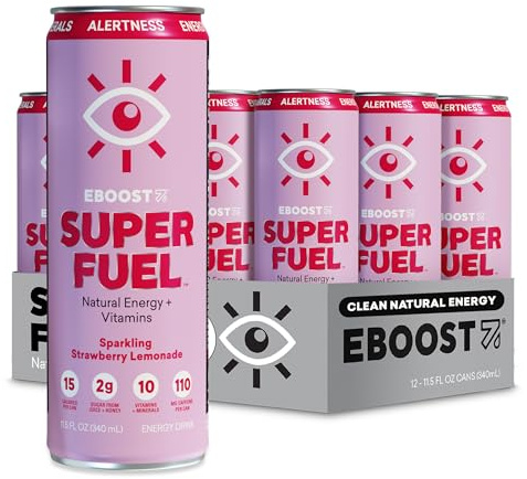 EBOOST SUPER FUEL Healthy Energy Drink - Strawberry Lemonade: 12 Healthy Energy Drinks - Focus & Productivity - 110 mg Caffeine + Nootropics, & Electrolytes - No Sucralose, Taurine, Artificial Flavors