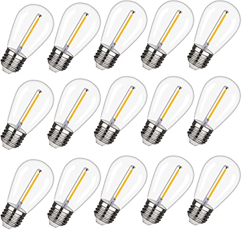15 Pack Yourfires Shatterproof & Waterproof S14 Replacement LED Light Bulbs –1W Equivalent to 10W, White Warm 2200K Outdoor String Lights Vintage LED Filament Bulb, E27 Base Edison LED Light Bulbs