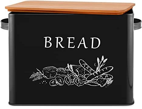 E-far Bread Box for Kitchen Countertop, Metal Bread Storage Container Bin with Bamboo Lid for Cutting Bread, Extra Large & Farmhouse Style, 13” x 7.2” x9.8”, Black