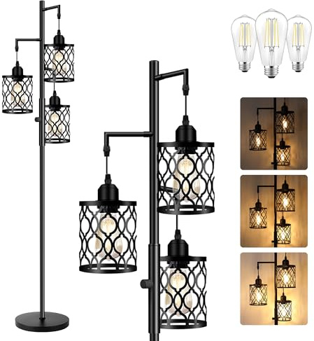 ROTTOGOON Dimmable Farmhouse Floor Lamp, Industrial Floor Lamp for Living Room with 3 X 6W LED Bulbs, 3 Light Rustic Standing Tall Lamp for Bedroom, Office, 68