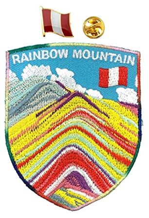 A-ONE Vinicunca Aufnäher + Anstecknadel mit Peru-Flagge, Regenbogenberg, bestickter Aufnäher, natürliche Danxia-Landschaft, zum Aufbügeln auf Hemden, Jeans, Anzügen, 2 Stück