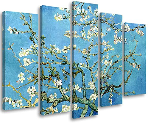 Feeby Leinwandbild 5-teilig 200x100 cm Vincent Van Gogh Blühender Mandelbaum Reproduktion Bild Wanddeko Wand Bild Kunstdruck Deko Wohnzimmer Pflanzen Blumen Natur Blau