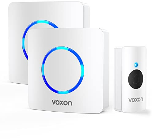 Wireless Doorbell with 2 Receivers, VOXON IP65 Waterproof Doorbells at 400M (1,300ft) Wireless Range，Plug in Door Bells Wireless Cordless with LED Flash, 60 Chimes, 5 Levels Volume (White)