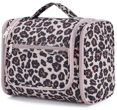 WANDF Grande borsa da toilette appendere, borsa da viaggio per cosmetici trousse viaggio accessori resistente all'acqua per uomo donne(Leopardo Rosa)