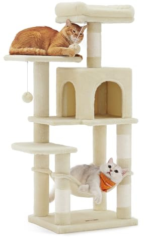Feandrea Arbre à Chat Hauteur 112 cm, Tour de Jeux pour Chats, avec 4 Poteaux à Griffer, 2 Plateformes, 1 Niche, 1 Hamac, 2 Pompons, en Tissu Peluche, Multi-Niveaux, Beige PCT261M01