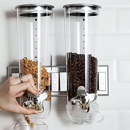Dispensador de cereales montado en la pared, dispensadores de alimentos, 2 unidades, dispensador de cereales doble seco para montaje en pared, dispensador de dulces con 2 tazas para almacenar granos