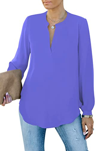 Homlan Damblus elegant V-ringad långärmad arbete toppar ledig tunika Henley långärmad skjorta enfärgad lös skjortblus, Violettblå, L