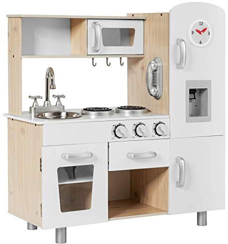 COSTWAY Cucina Giocattolo per Bambini, Cucina per Bambini in Legno con Frigorifero, Distributore d'Acqua, Forno, Microonde, Lavello e Rubinetto, Funzione Suoni, per 3+ Anni