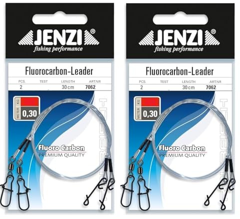 Set: 4 Stück Fluoro-Carbon-Vorfach mit Wirbel und knotenlos Verbinder von Jenzi, 9, 11, 17, 24 & 27Kg, Länge 30 cm + Petri Heil! Aufkleber