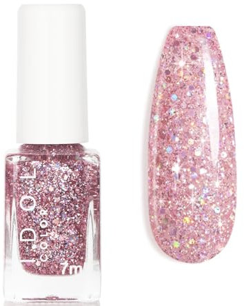 Glitter Nail Polish - Quick Dry Nail Varnish - Pink Shimmering Holographic Nail Paint - Long Lasting Chip Resistant Nail Polish for DIY Nail Art Manicure at Home (Dusty Pink)