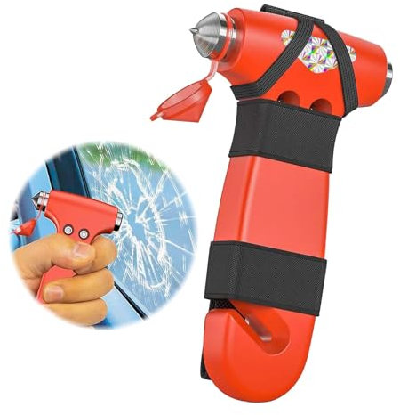 MisFun Martillo de Seguridad para Coche, Herramienta de Escape de Emergencia 3 en 1 con Cortador de Cinturón de Seguridad para Mujeres, Martillo de Escape de Seguridad Rojo para Coche, Familia