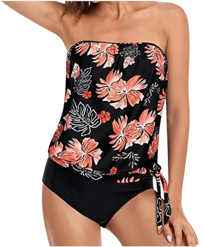 Maillot de bain bandeau pour femme avec soldes au Royaume-Uni - Tankini deux pièces sans bretelles - Effet gainant - Imprimé vintage - Débardeur et short de bain taille haute, rose, S