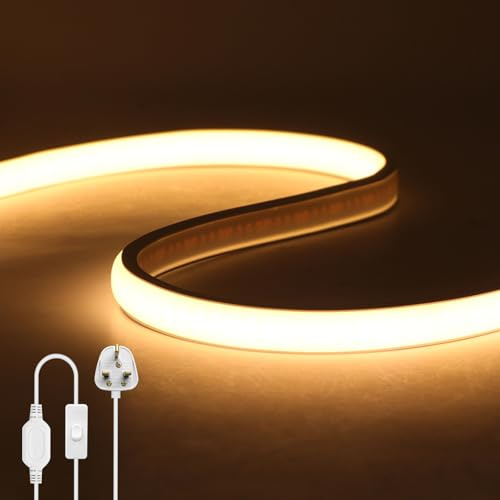 KAFULA 220V COB LED Neon Rope Light with On/Off[3M，Warm White 3000-3500K]，IP65 Waterproof Flexible FCOB LED Strip Light, DIY Design for Bedroom,Living Room,Game Room,Kitchen,Party,Shop Decoration